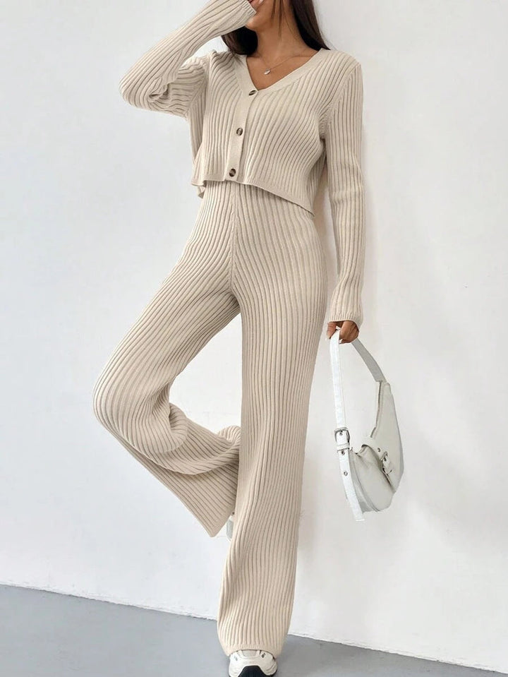 Women’s Ribbed Two-Piece Knit Set with Buttoned Top and Straight-Leg Trousers