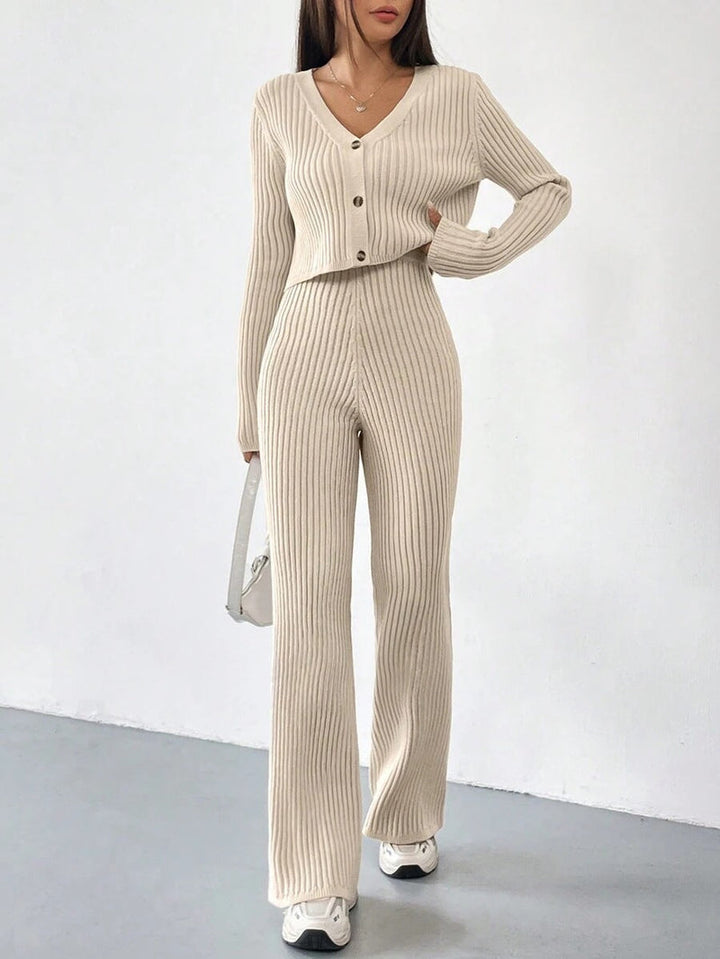 Women’s Ribbed Two-Piece Knit Set with Buttoned Top and Straight-Leg Trousers
