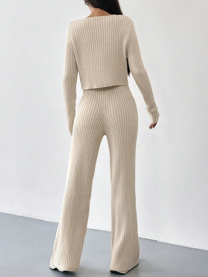 Women’s Ribbed Two-Piece Knit Set with Buttoned Top and Straight-Leg Trousers