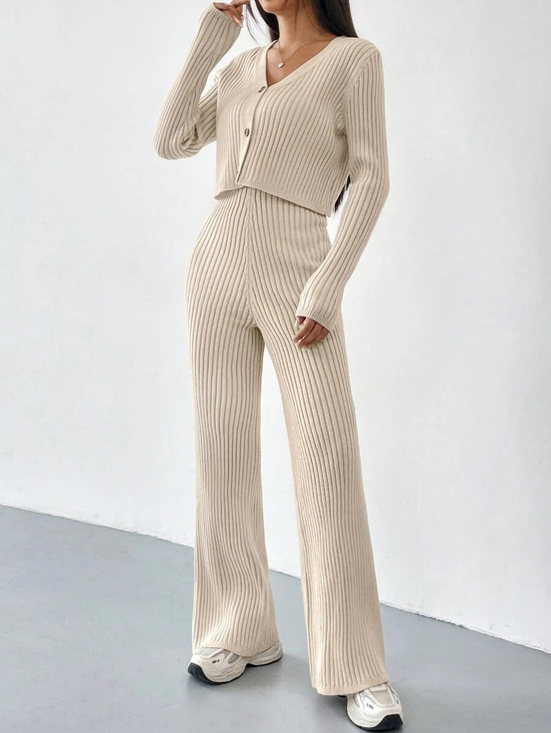Women’s Ribbed Two-Piece Knit Set with Buttoned Top and Straight-Leg Trousers