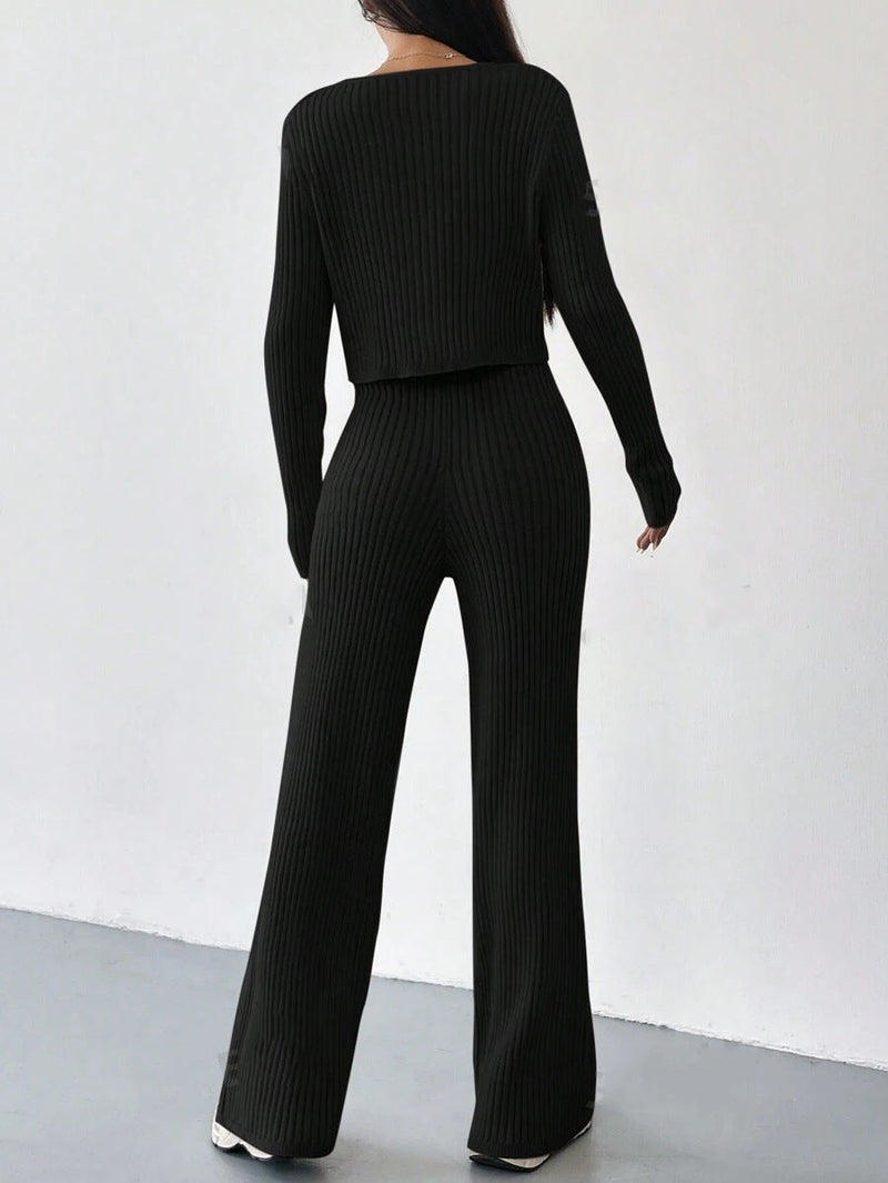 Women’s Ribbed Two-Piece Knit Set with Buttoned Top and Straight-Leg Trousers