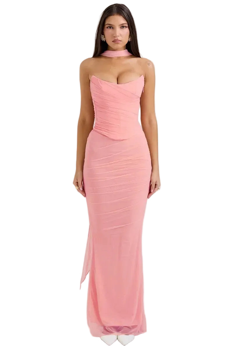 Women's Strapless Ruched Maxi Dress with Choker Detail – Rosvale