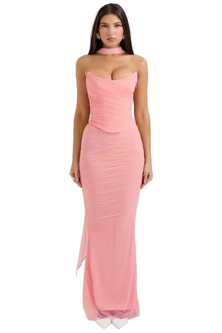 Women’s Strapless Ruched Maxi Dress with Choker Detail