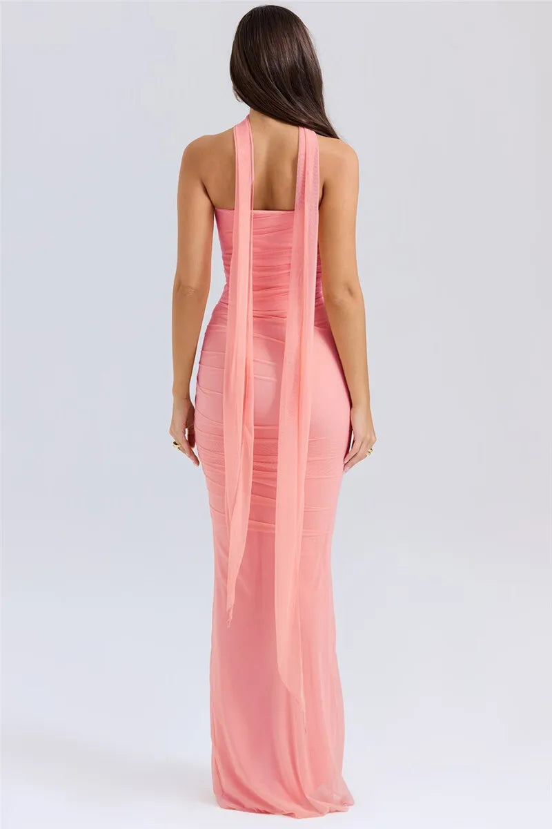 Women’s Strapless Ruched Maxi Dress with Choker Detail