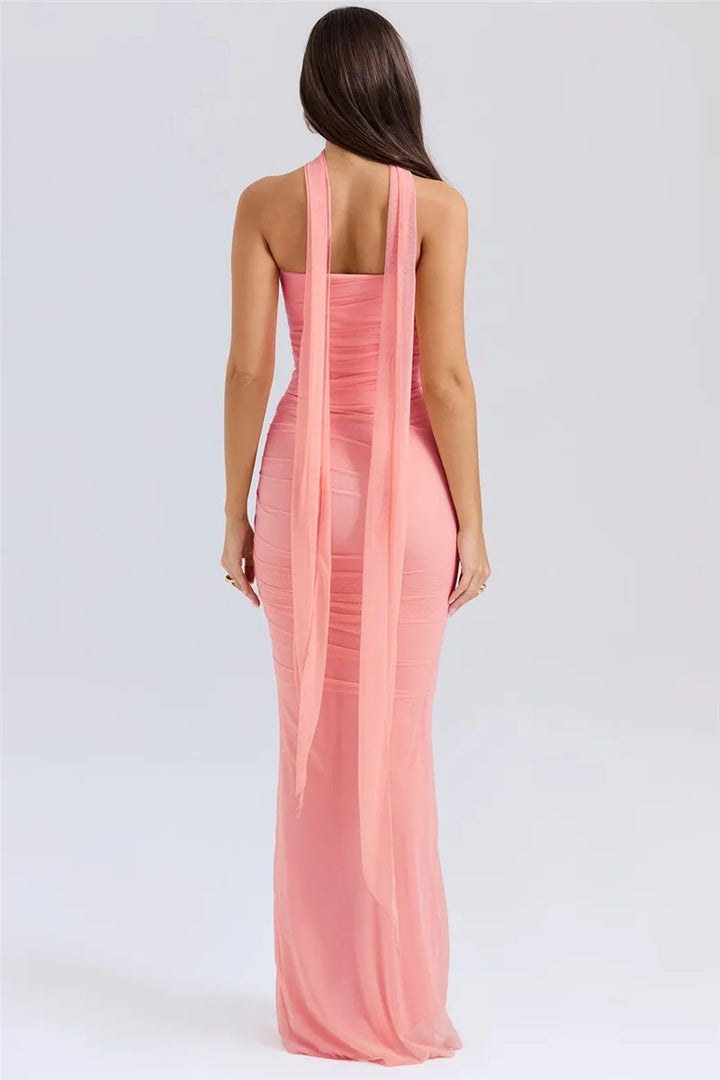 Women’s Strapless Ruched Maxi Dress with Choker Detail