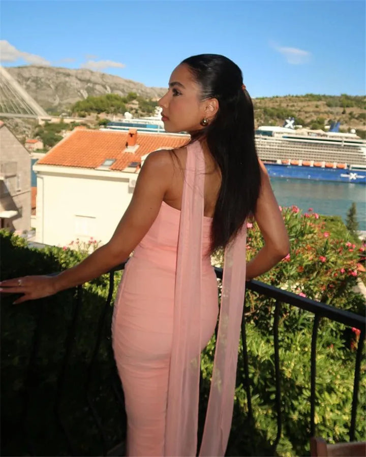 Women’s Strapless Ruched Maxi Dress with Choker Detail