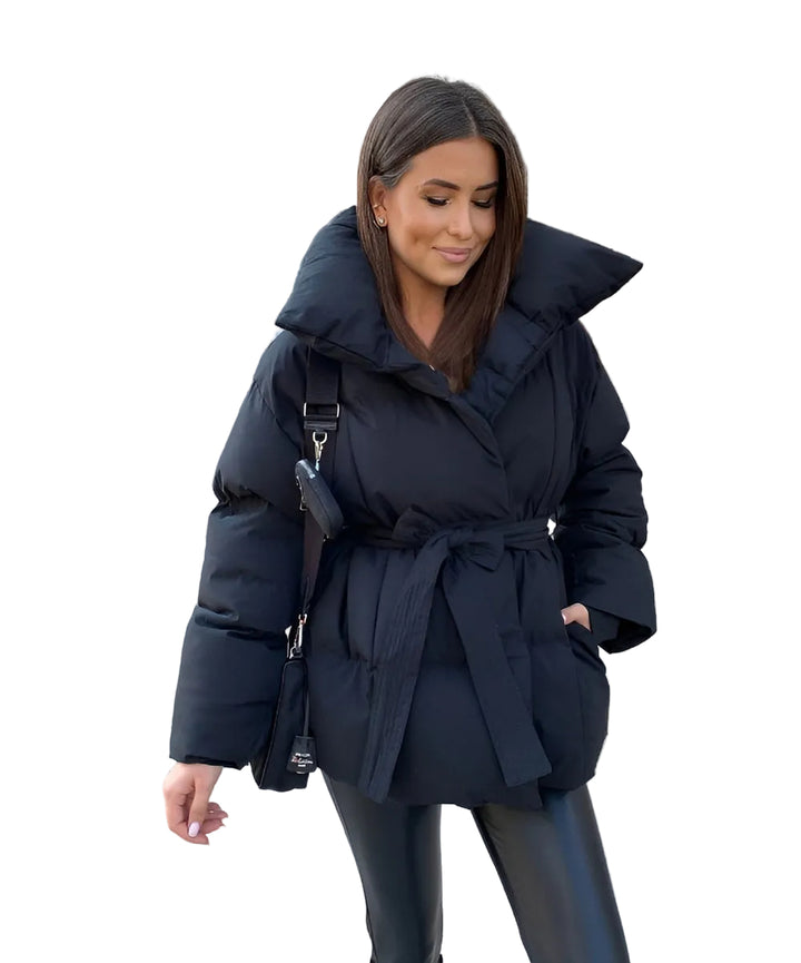 Women’s Short Quilted Puffer Jacket with Tie Waist