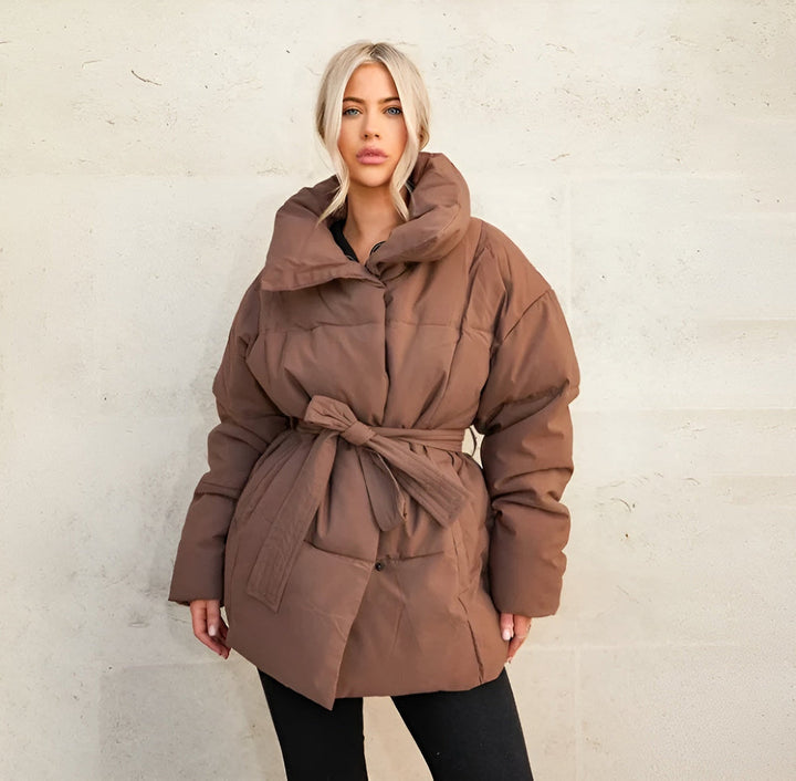 Women’s Short Quilted Puffer Jacket with Tie Waist