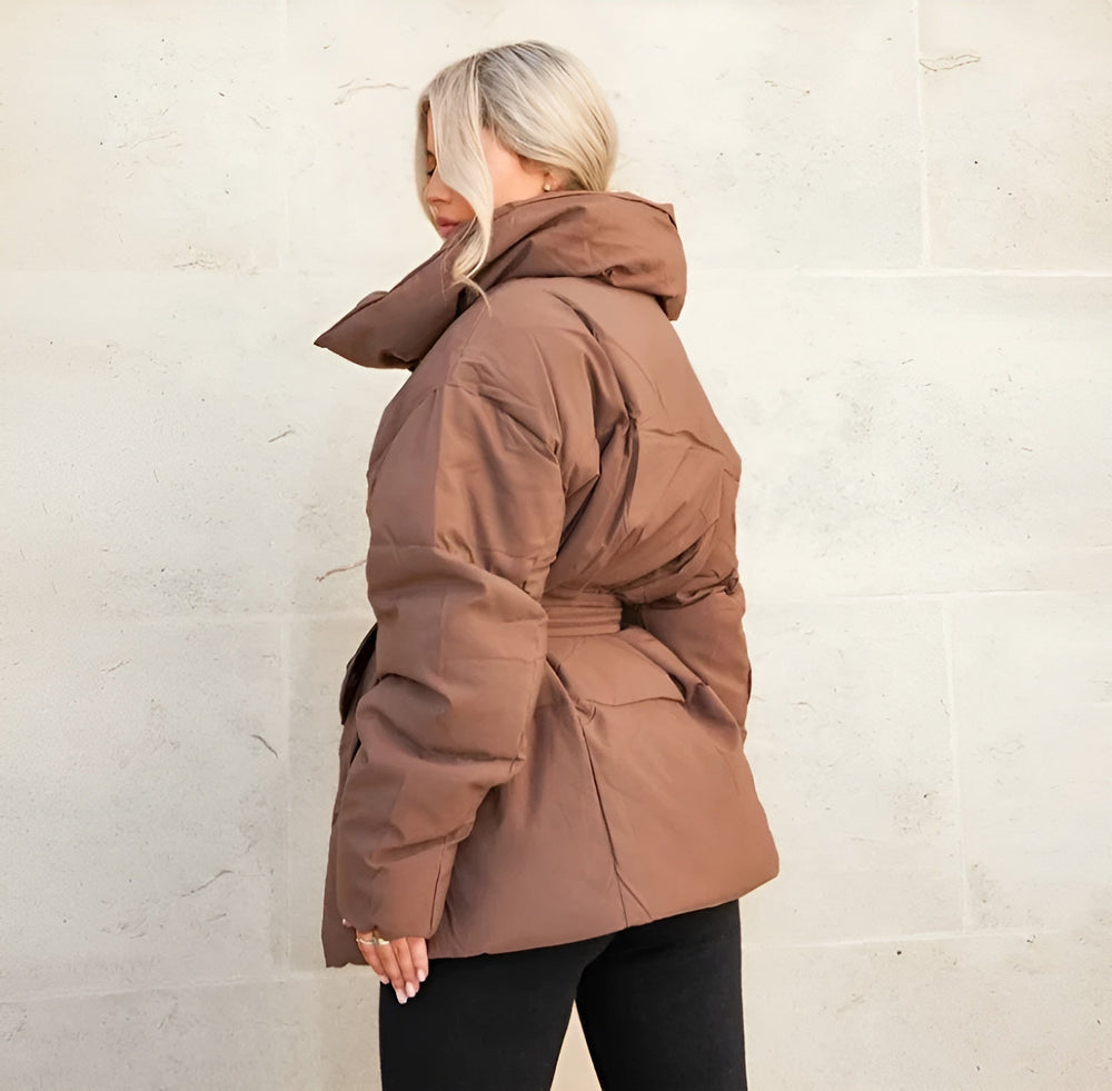 Women’s Short Quilted Puffer Jacket with Tie Waist