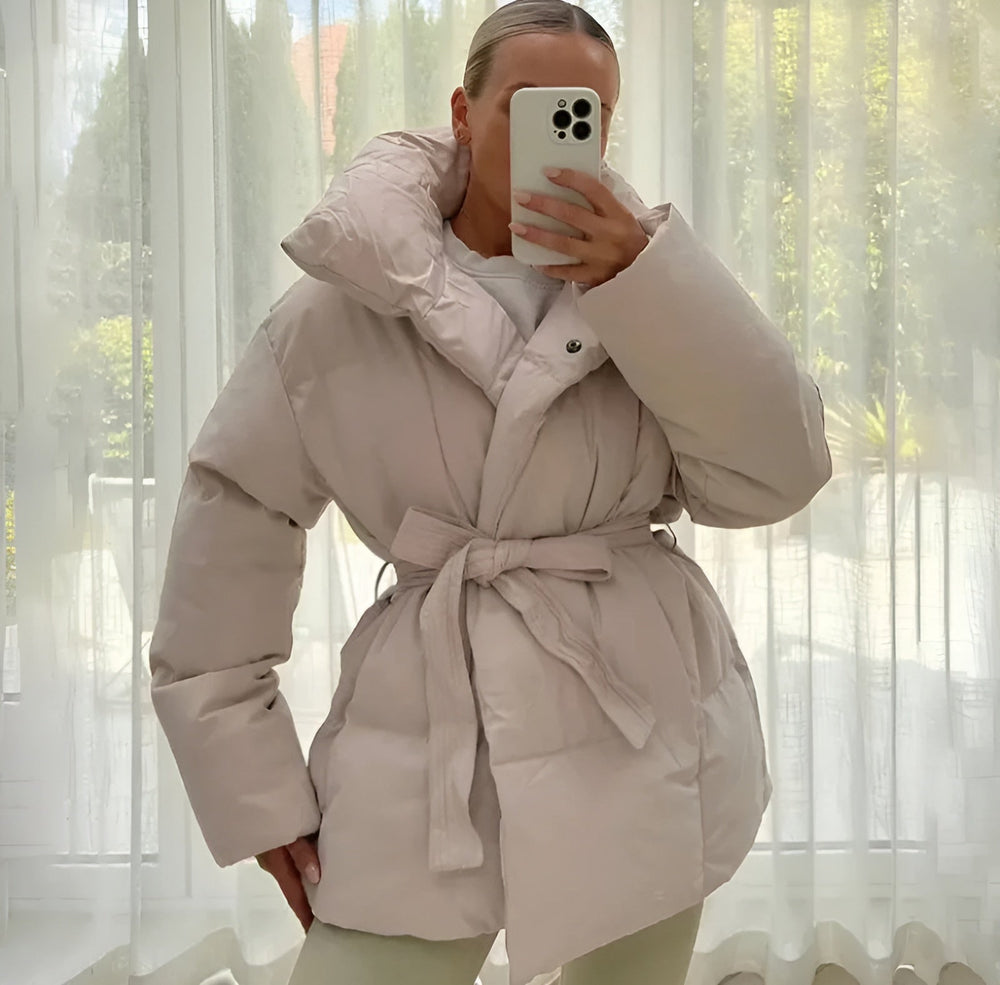 Women’s Short Quilted Puffer Jacket with Tie Waist