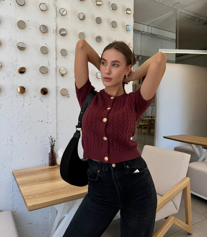 Women’s Short Sleeve Cable Knit Button Front Cardigan