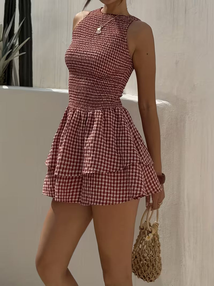 Women’s Sleeveless Check Smocked Mini Dress