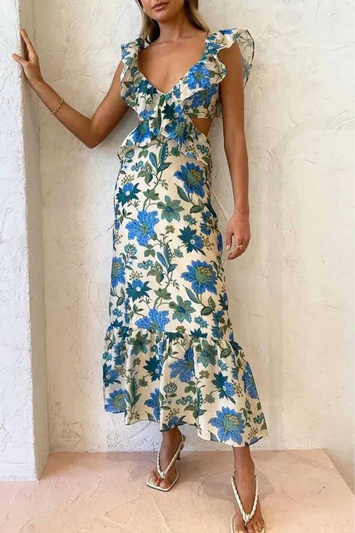 Women’s Sleeveless Floral Ruffle Maxi Dress