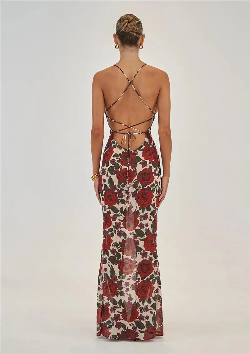 Women’s Sleeveless Maxi Dress with Floral Print