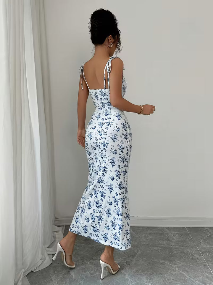 Women’s Sleeveless Midi Dress with Floral Print and Tie Straps