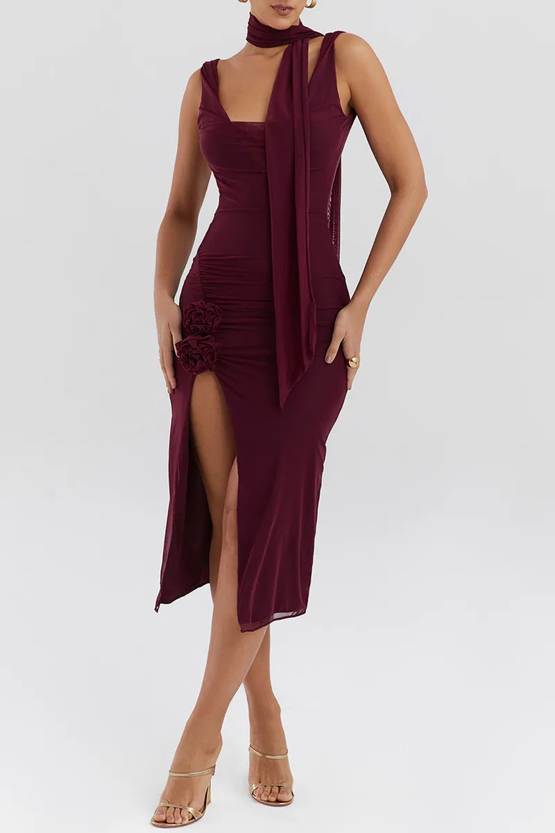 Women’s Sleeveless Midi Dress with Scarf Detail and Side Slit