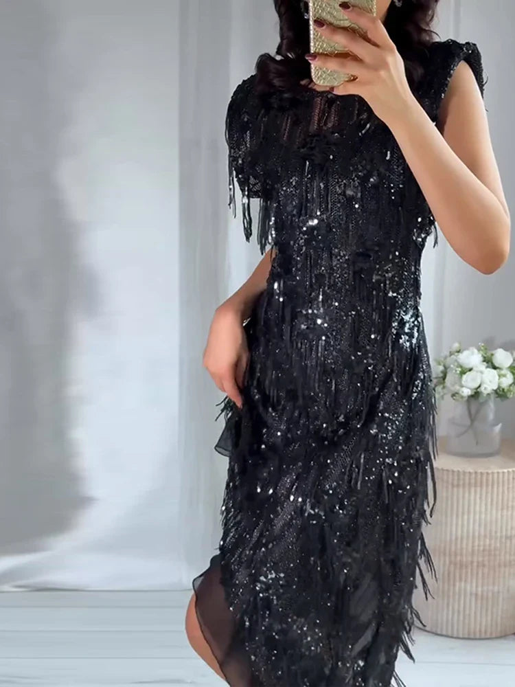 Women’s Sleeveless Mini Dress with Sequin Surface and Asymmetrical Hem