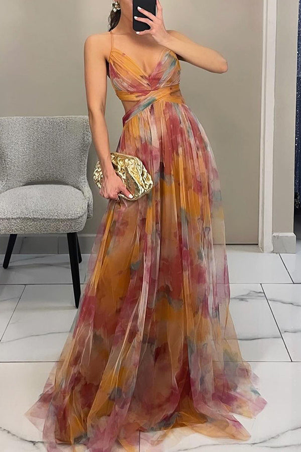 Women’s Spaghetti Strap Printed Maxi Dress with Cross Waist Detail