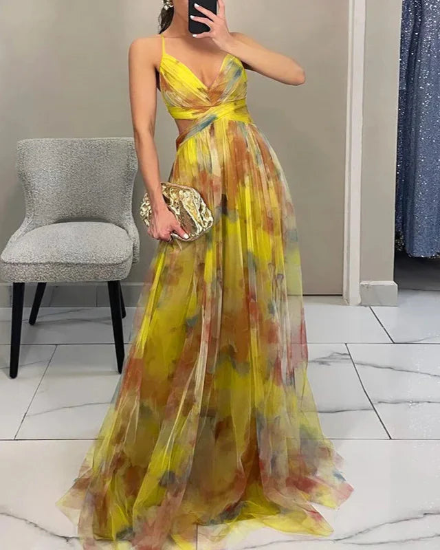Women’s Spaghetti Strap Printed Maxi Dress with Cross Waist Detail