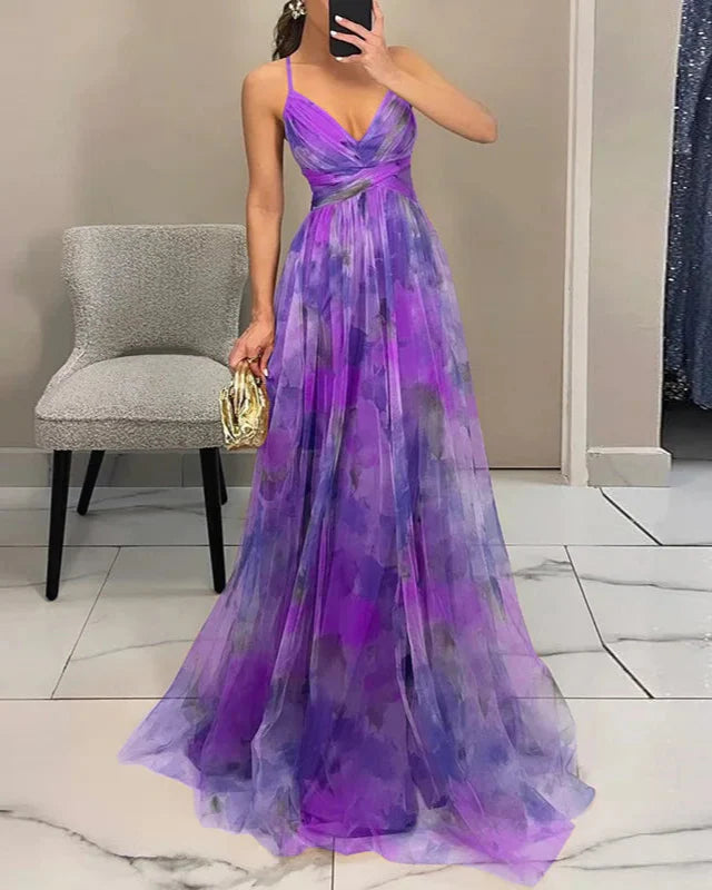 Women’s Spaghetti Strap Printed Maxi Dress with Cross Waist Detail