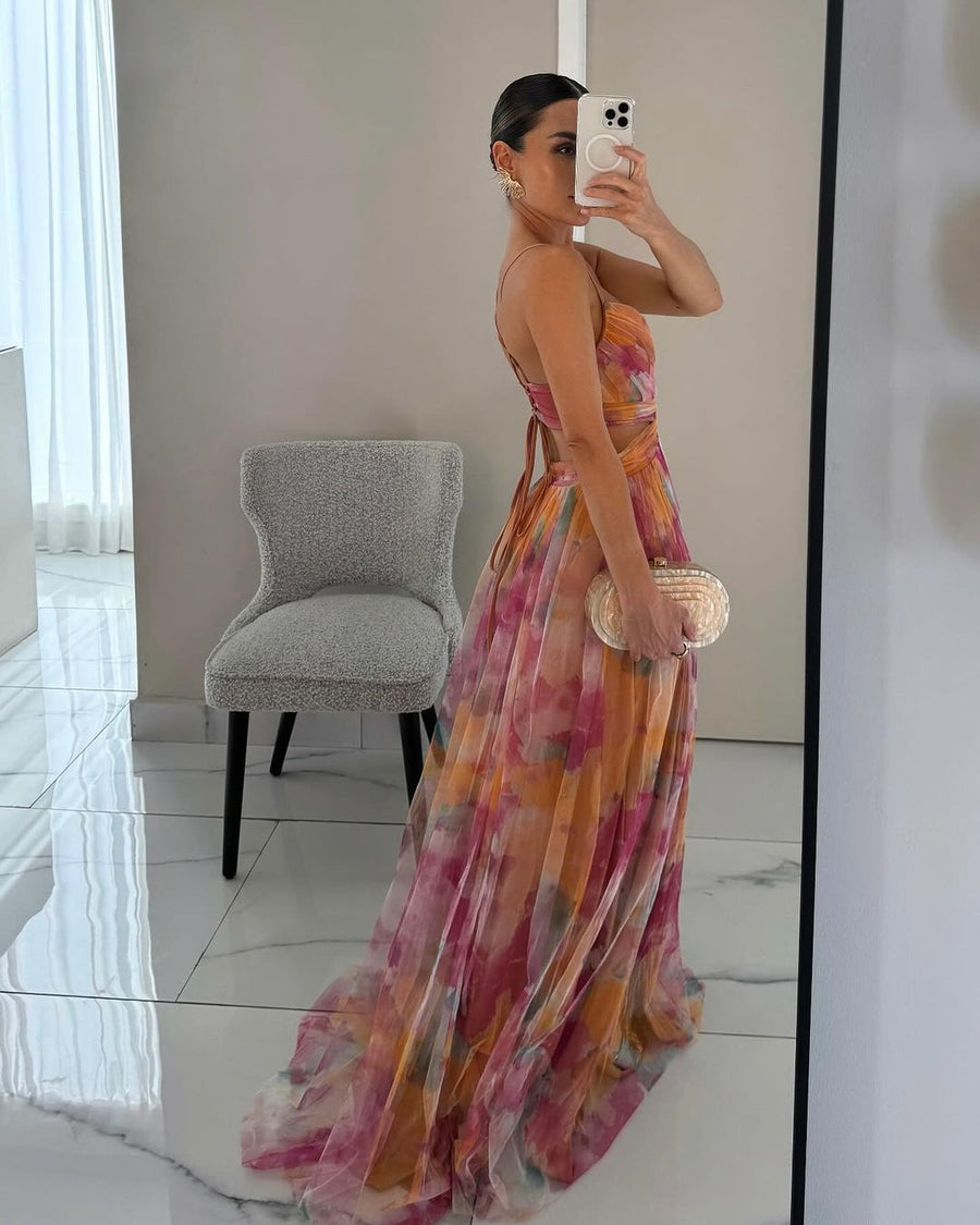 Women’s Spaghetti Strap Printed Maxi Dress with Cross Waist Detail