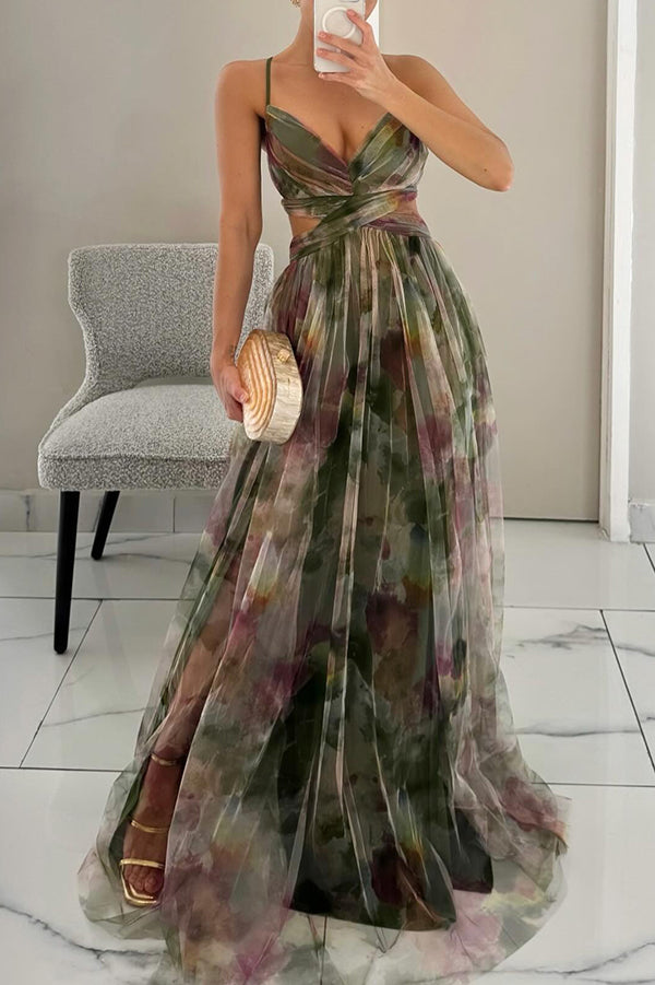 Women’s Spaghetti Strap Printed Maxi Dress with Cross Waist Detail