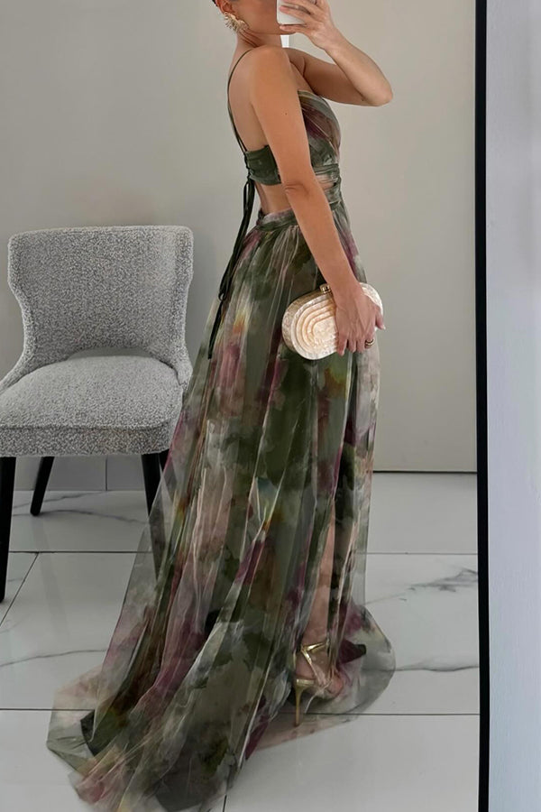 Women’s Spaghetti Strap Printed Maxi Dress with Cross Waist Detail