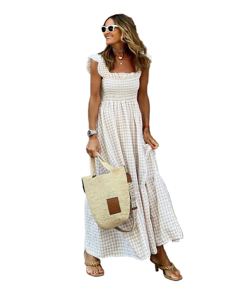 Women’s Square Neck Gingham Maxi Dress with Smocked Bodice