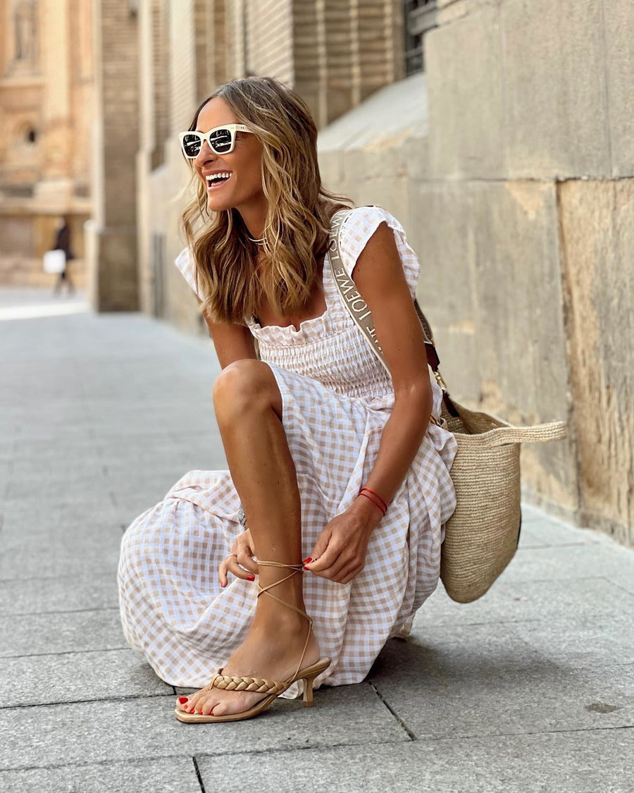 Women’s Square Neck Gingham Maxi Dress with Smocked Bodice