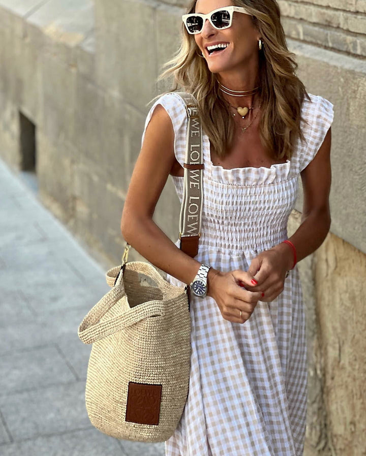 Women’s Square Neck Gingham Maxi Dress with Smocked Bodice
