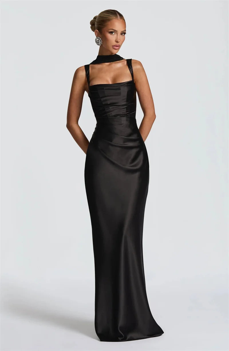 Women’s Square Neck Satin Maxi Dress with Gloves and Scarf