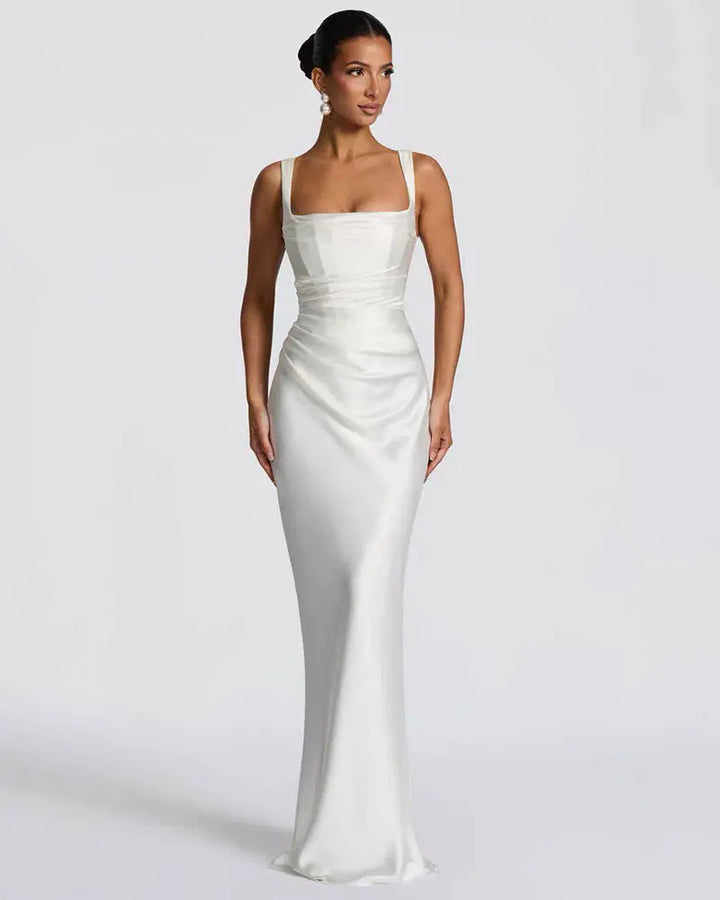 Women’s Square Neck Satin Maxi Dress with Gloves and Scarf