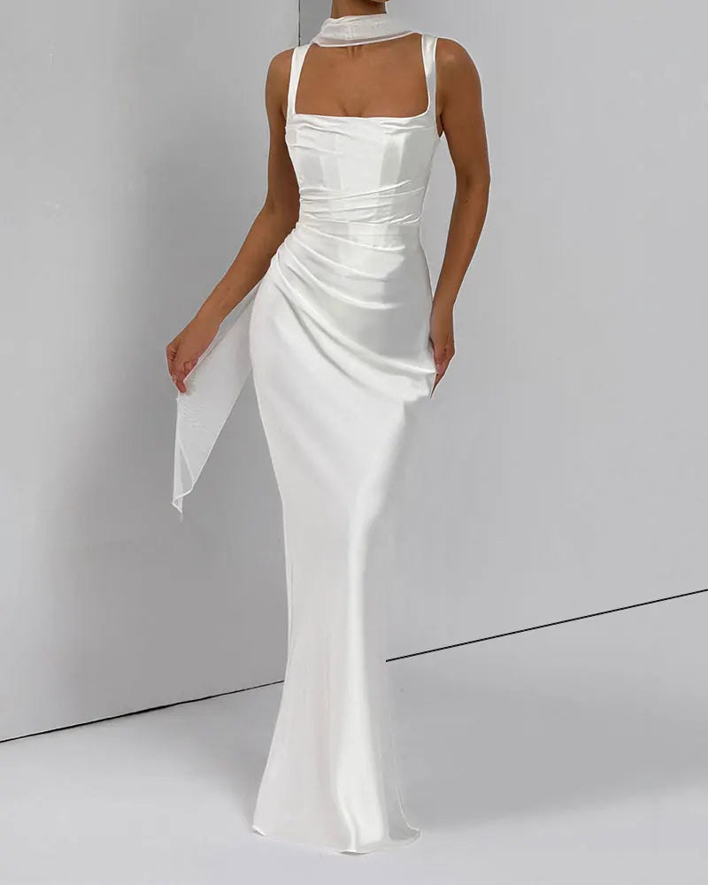 Women’s Square Neck Satin Maxi Dress with Gloves and Scarf