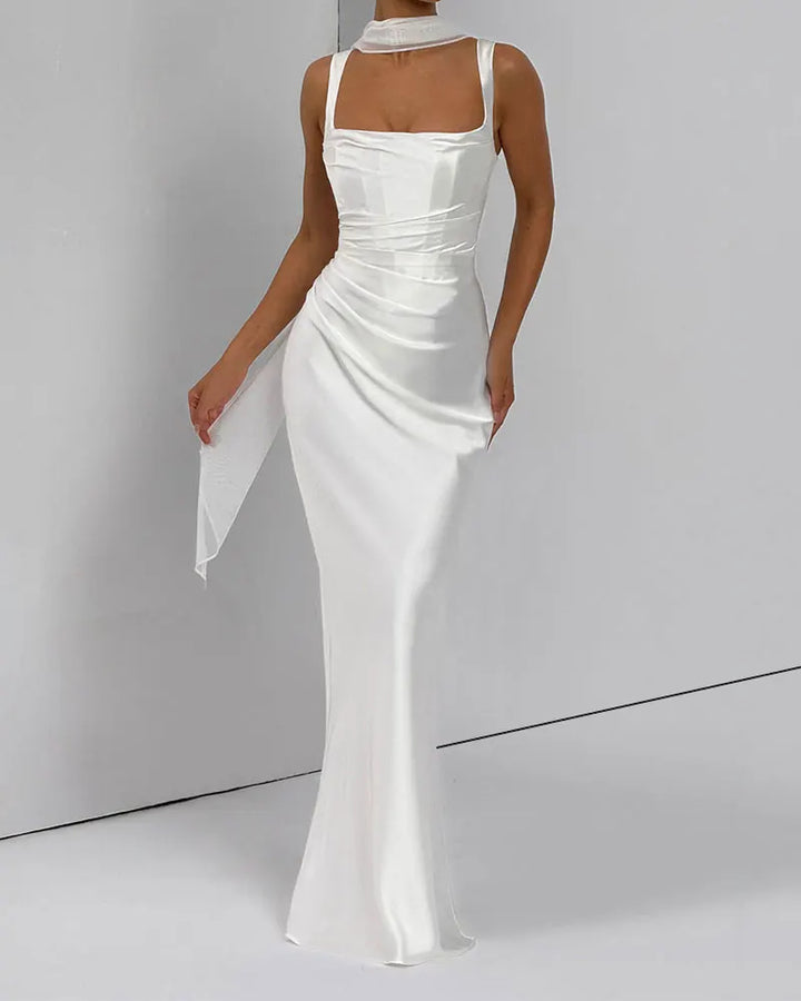 Women’s Square Neck Satin Maxi Dress with Gloves and Scarf