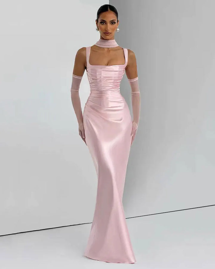 Women’s Square Neck Satin Maxi Dress with Gloves and Scarf
