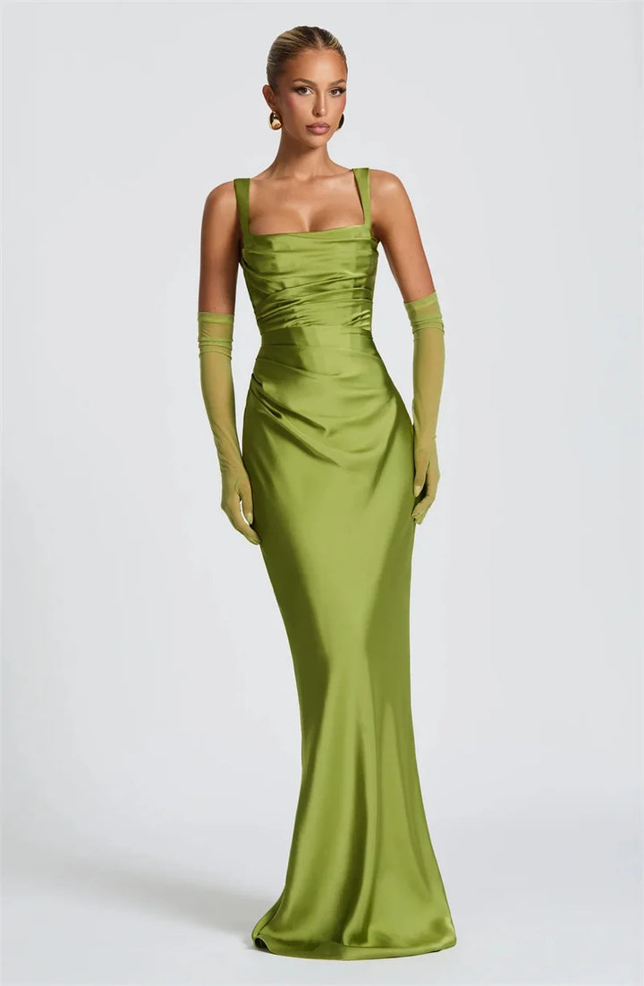 Women’s Square Neck Satin Maxi Dress with Gloves and Scarf