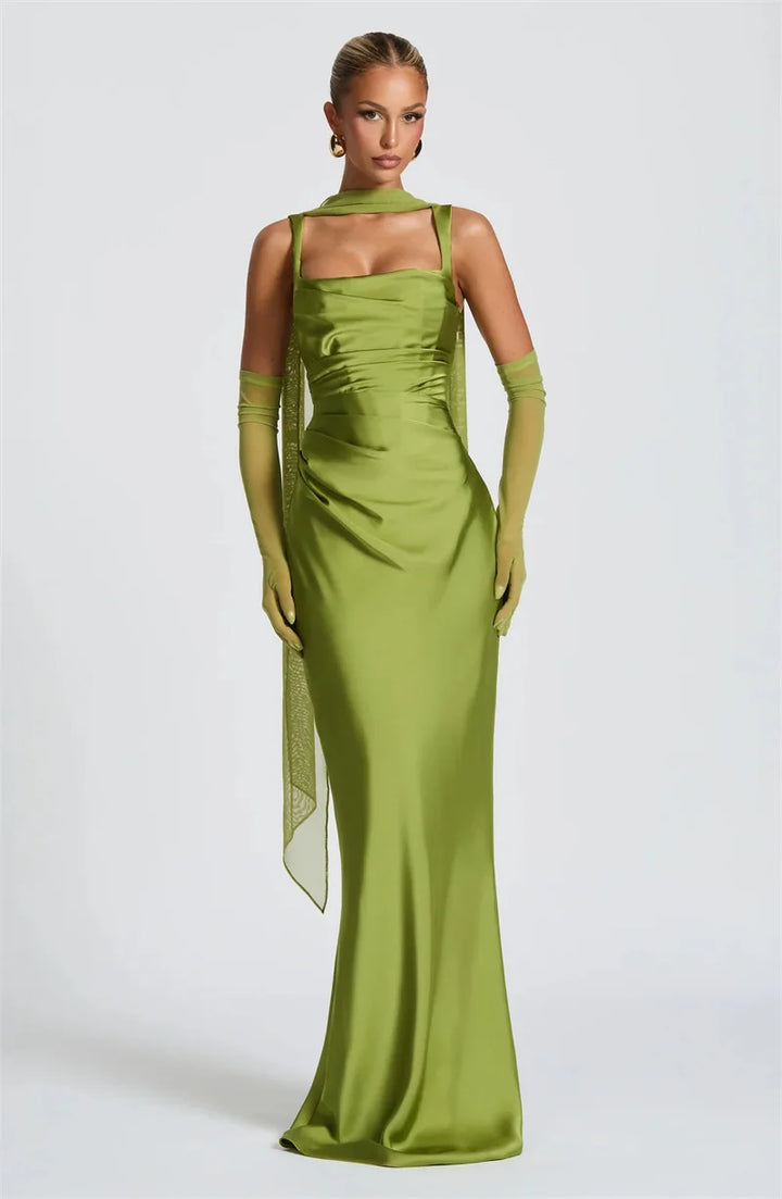 Women’s Square Neck Satin Maxi Dress with Gloves and Scarf