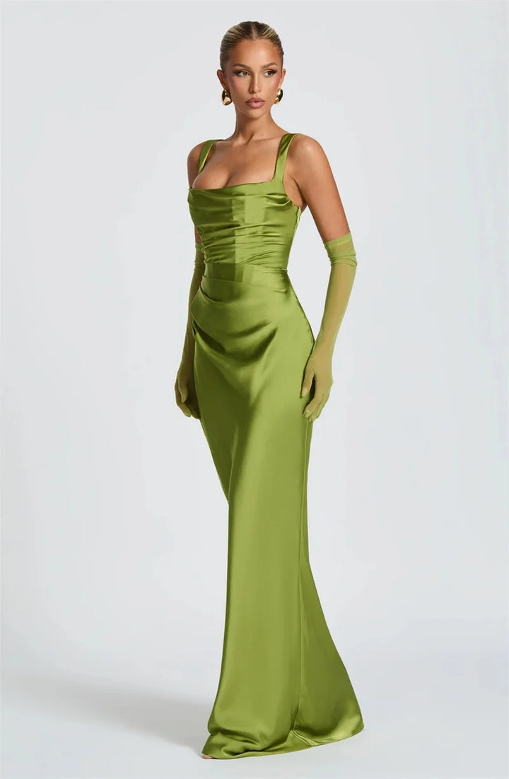 Women’s Square Neck Satin Maxi Dress with Gloves and Scarf