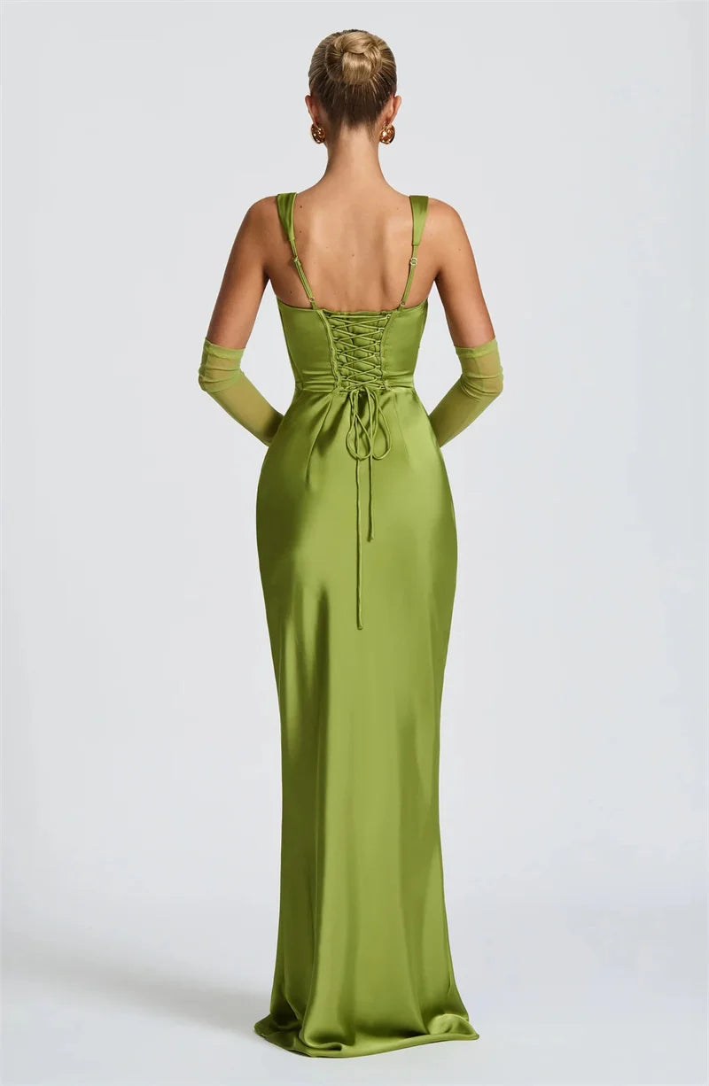 Women’s Square Neck Satin Maxi Dress with Gloves and Scarf