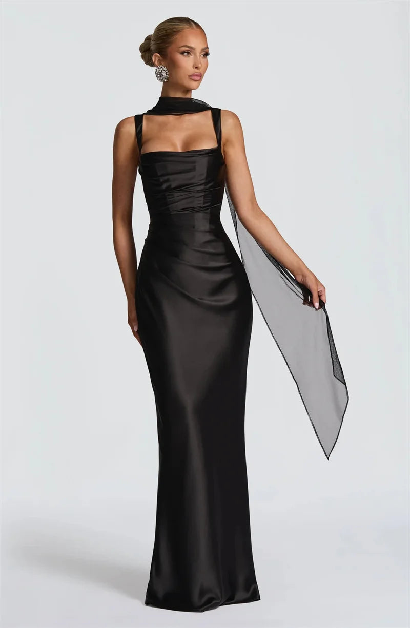 Women’s Square Neck Satin Maxi Dress with Gloves and Scarf