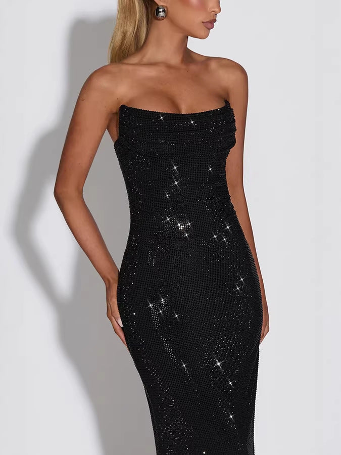 Women’s Strapless Maxi Dress with Cowl Neck and Sequin Surface