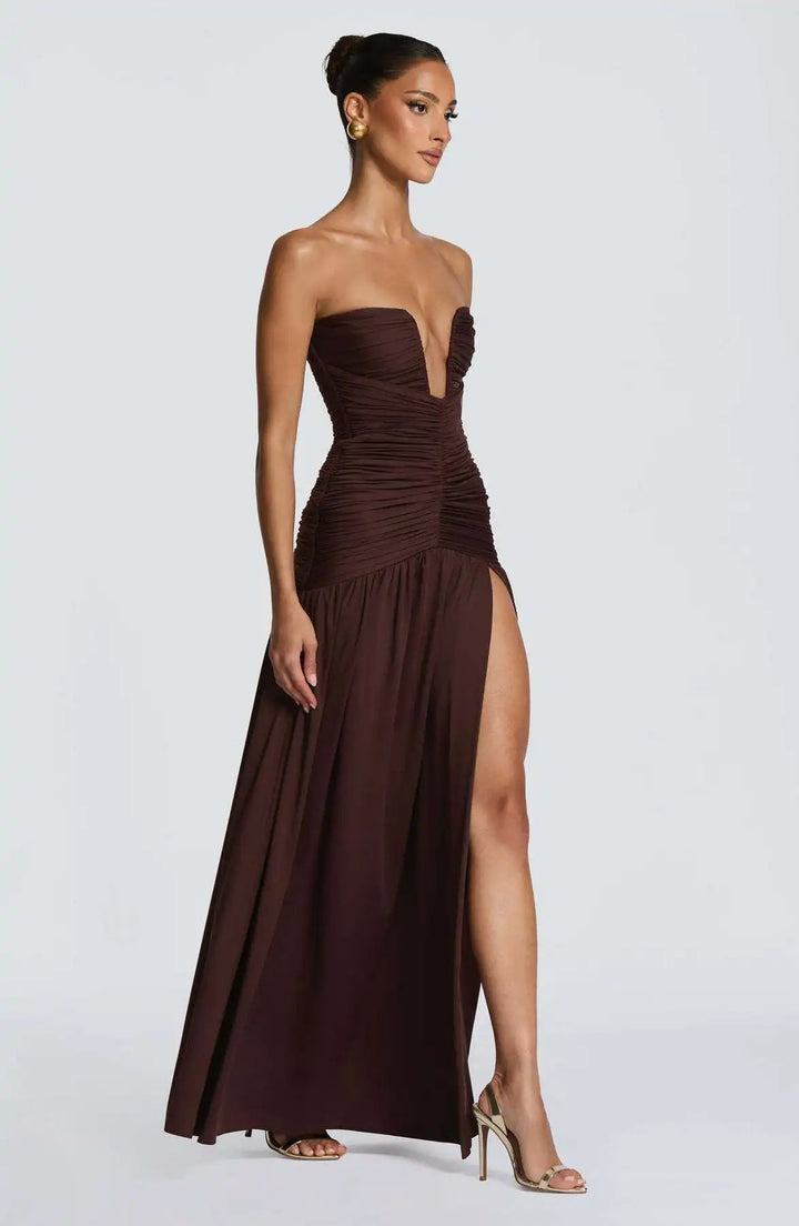 Women’s Strapless Maxi Dress with Deep V Neck and Side Slit