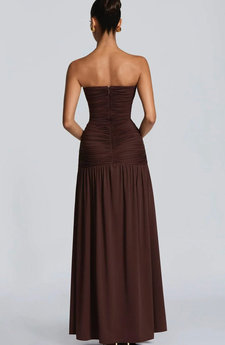 Women’s Strapless Maxi Dress with Deep V Neck and Side Slit