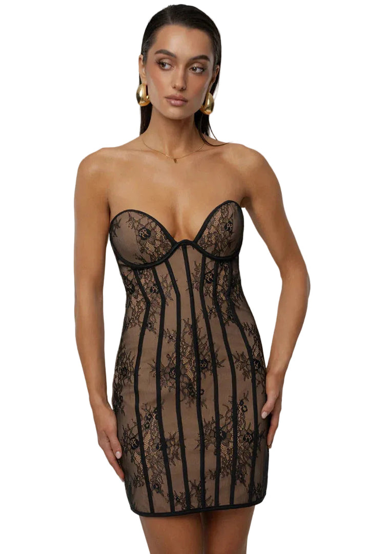 Women’s Strapless Mini Dress with Lace Overlay