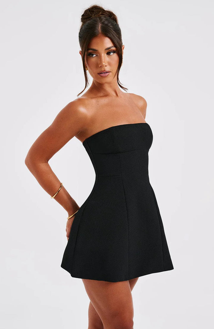 Women’s Strapless Mini Dress with Panel Seams and Flared Skirt