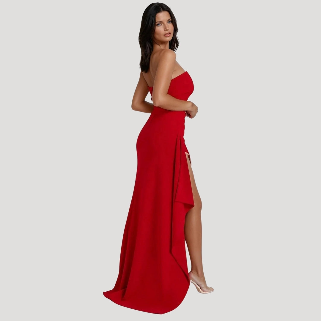 Women’s Strapless Ruched High Slit Maxi Dress