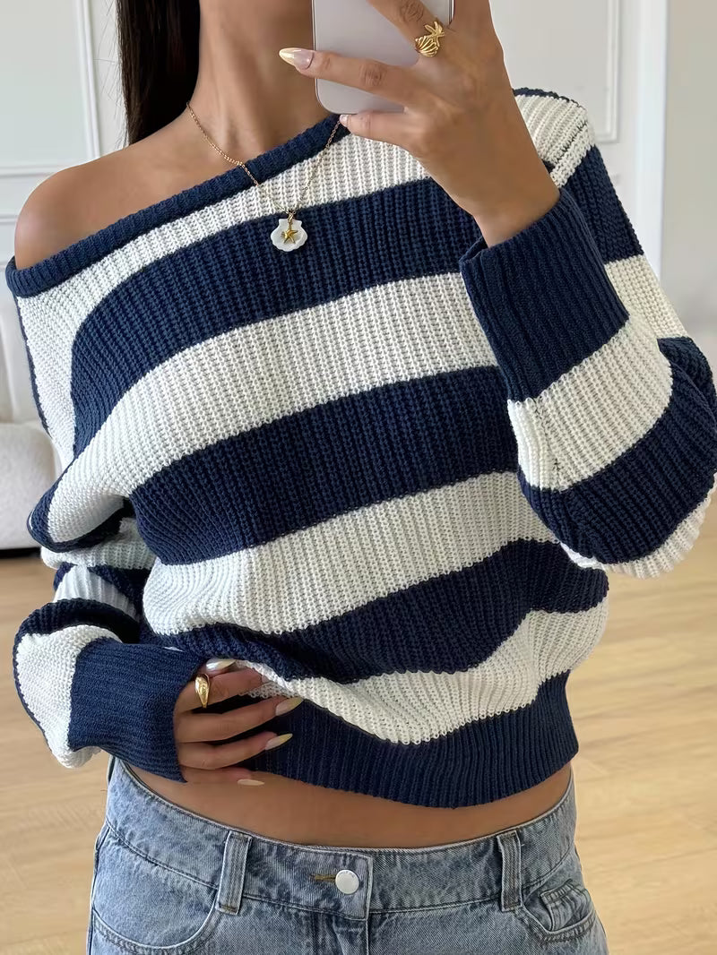 Women’s Striped Off Shoulder Knit Sweater