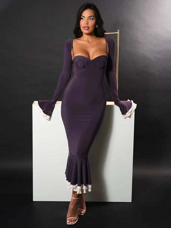 Women’s Sweetheart Neck Long Sleeve Midi Dress
