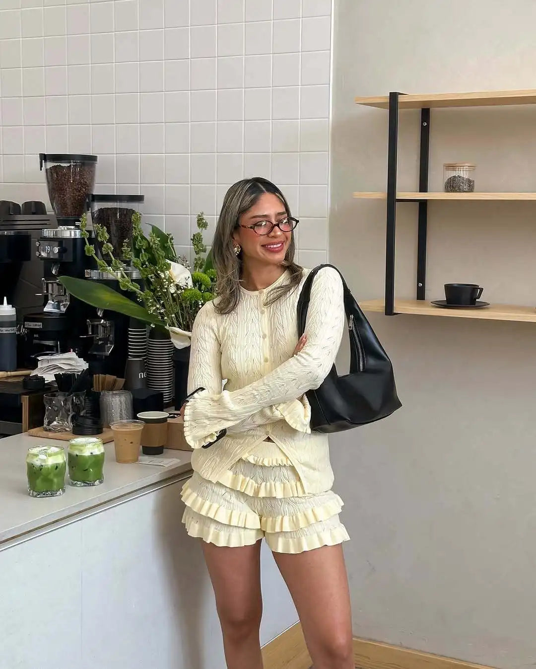 Women’s Textured Knit Top and Ruffle Shorts Set