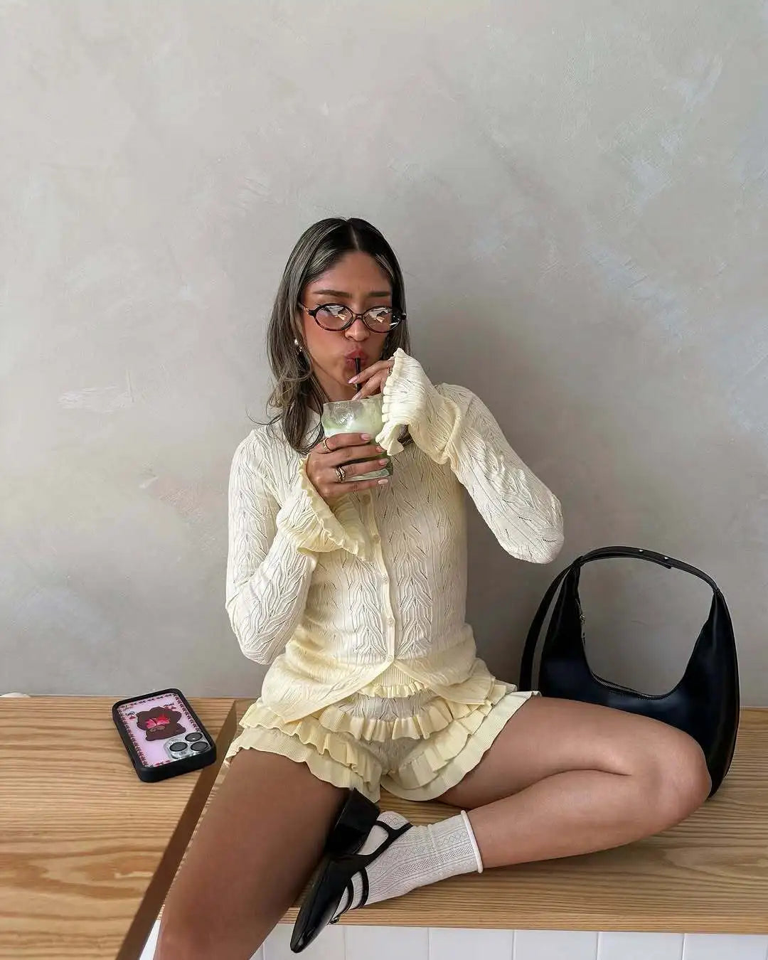 Women’s Textured Knit Top and Ruffle Shorts Set